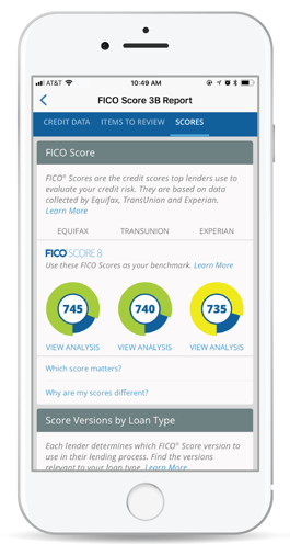 Screenshot of FICO scores from Equifax, TransUnion and Experian on iPhone